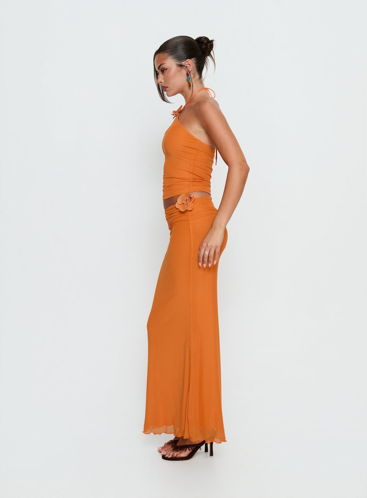   side view of model wearing Princess Polly Star Fruit Ruched Waist Maxi Skirt Orange Maxi Skirts 