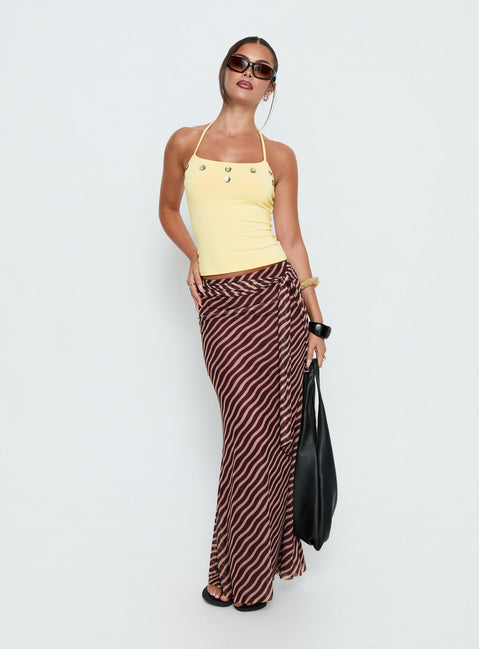   front view of model wearing Princess Polly Caviar Tie Maxi Skirt Brown Stripe Maxi Skirts 