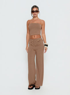 side view of model wearing Princess Polly Timora Pants Brown Stripe Mid Rise Pants 