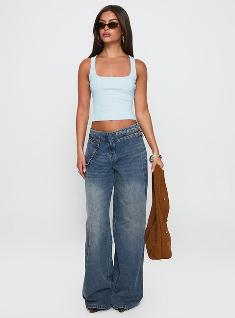 front view of model wearing Princess Polly Baseline Square Neck Rib Tank Top Light Blue Sleeveless Square Neck 