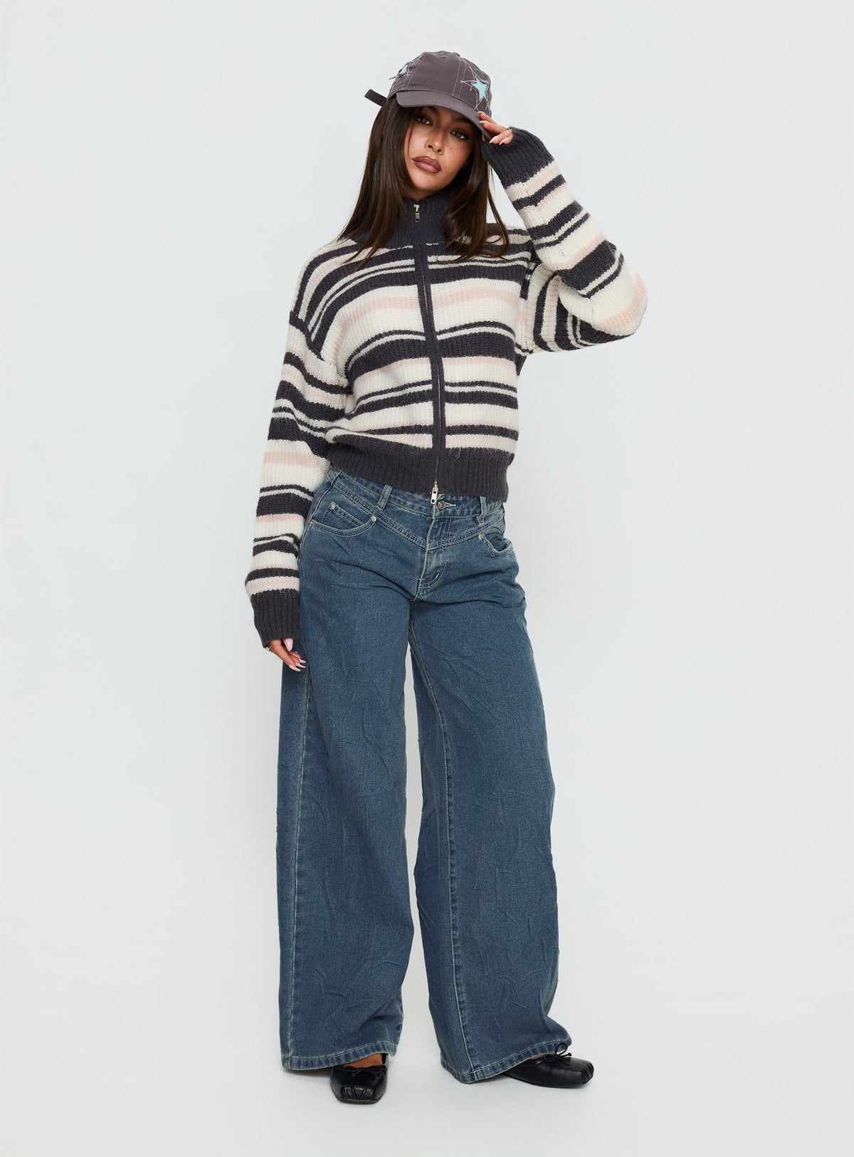 front view of model wearing Princess Polly Tetra Zip Through Knit Sweater Pink Stripe 