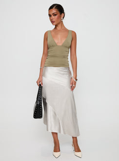 back view of model wearing Princess Polly Priscella Asymmetrical Midi Skirt Multi Midi Skirts 