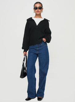 side view of model wearing Princess Polly Bella Notched Neck Sweater Black Cropped Jumpers Jumpers 