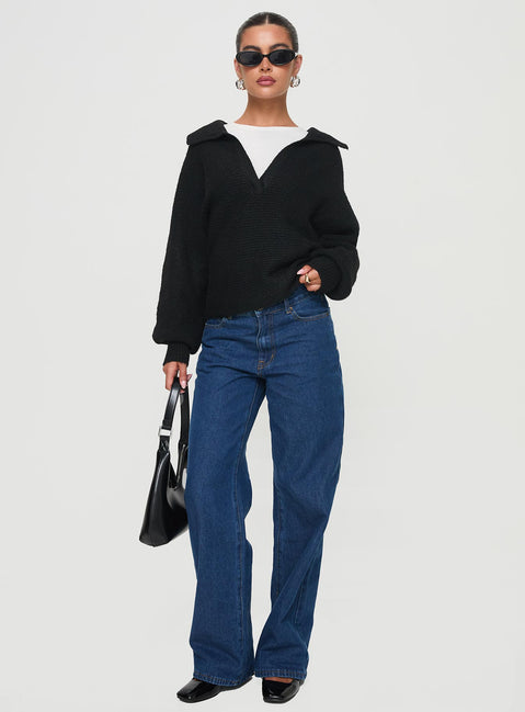 side view of model wearing Princess Polly Bella Notched Neck Sweater Black Cropped Jumpers Jumpers 