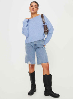 front view of model wearing Princess Polly Ramy Sweater Blue Cropped 