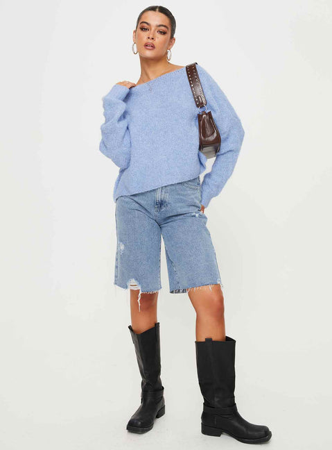 front view of model wearing Princess Polly Ramy Sweater Blue Cropped 