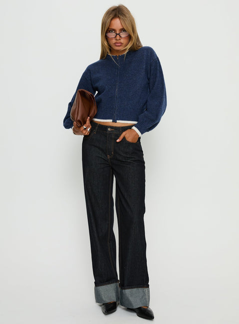 side view of model wearing Princess Polly Amandi Zip Through Knit Jumper Navy / Cream Cropped Jumpers 