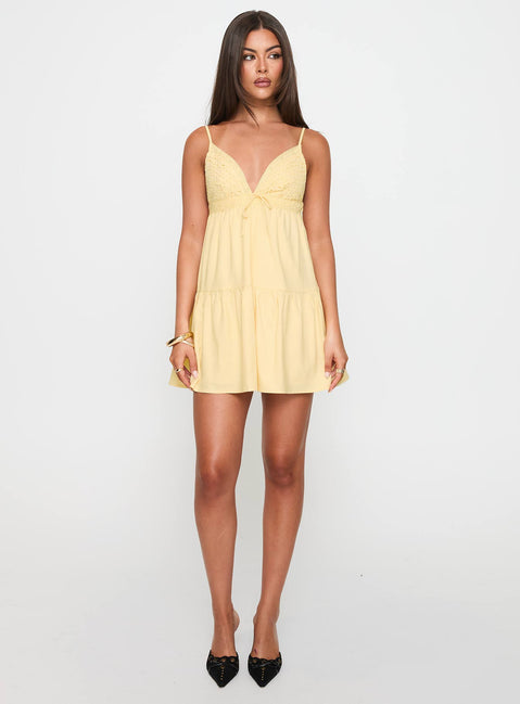 back view of model wearing Princess Polly Nicoletta Mini Dress Lemon Plunger 