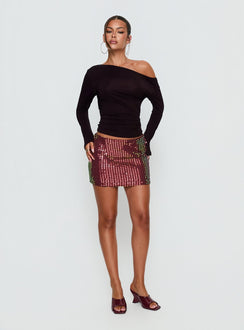   front view of model wearing Princess Polly Zelaia Shimmer Mini Skirt Wine Mini Skirts Skirts 