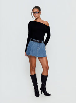   front view of model wearing Princess Polly Debera Pleated Mini Skirt Mid Blue Wash 