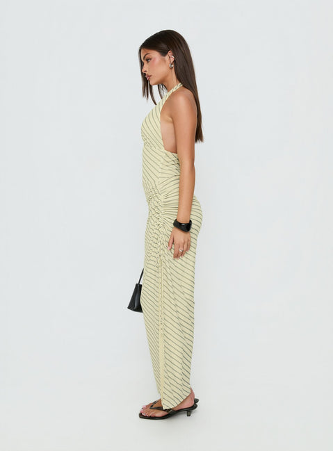 Adolena Halter Ruched Maxi Dress Yellow Stripe
