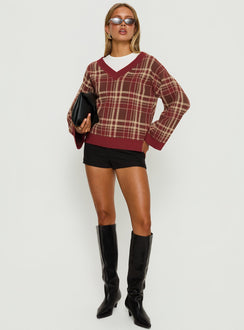 front view of model wearing Princess Polly Sydda V Neck Knit Sweater Red Plaid Cropped Jumpers 