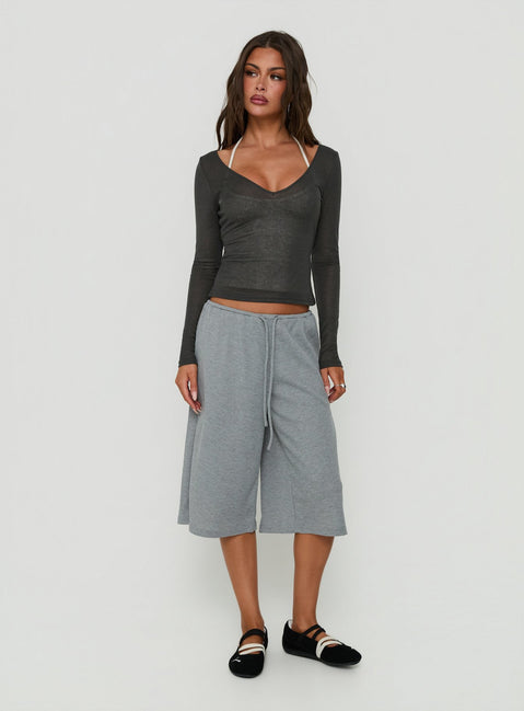 Kaiyah Sheer V Neck Long Sleeve Top Slate