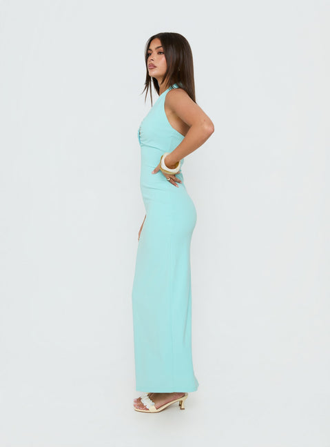 Soft Storm Plunge Halter Maxi Dress Turquoise