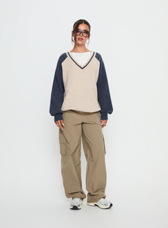 front view of model wearing Princess Polly Adana V Neck Graphic Knit Sweater Multi Longline Jumpers 