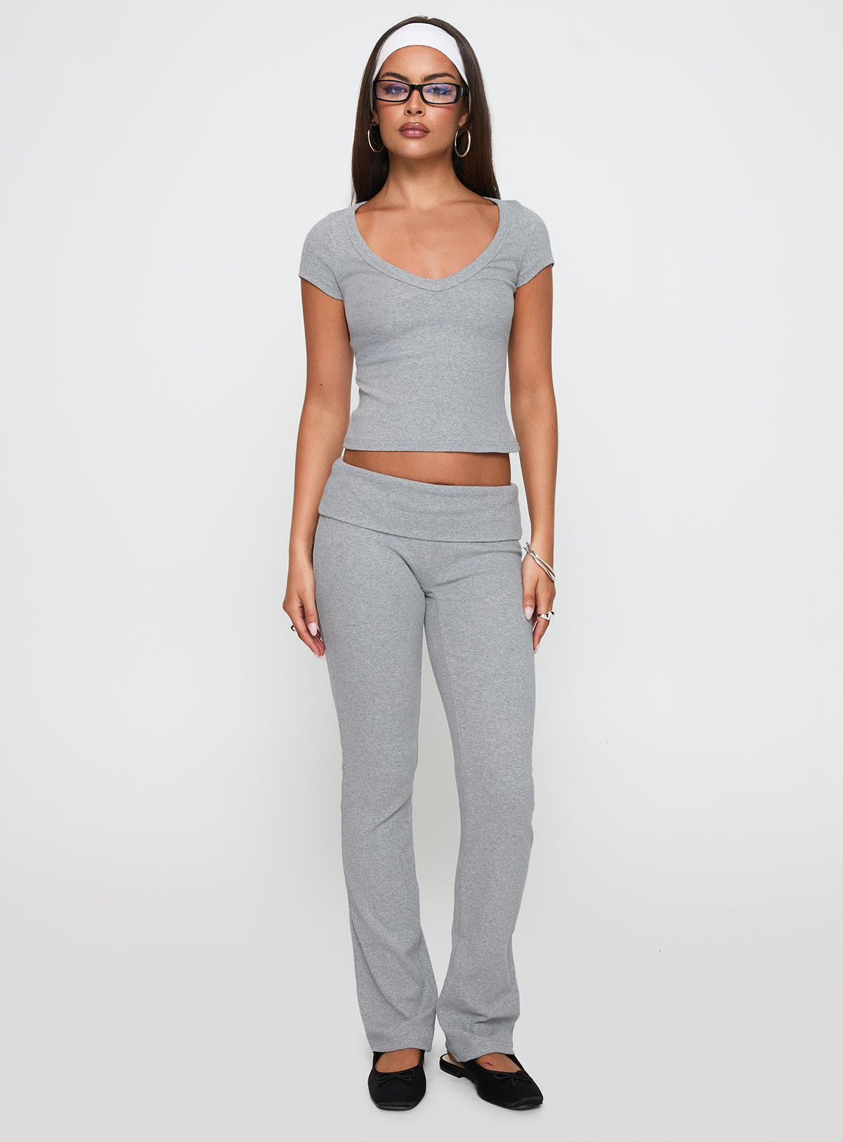 front view of model wearing Princess Polly Truth Be Told Straight Leg Pant Grey Marle Low Rise Pants 