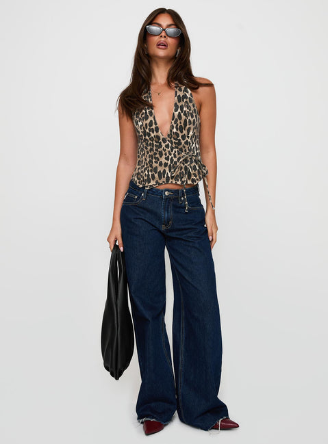 front view of model wearing Princess Polly Feel This Way Wrap Top Leopard Sleeveless Plunger 