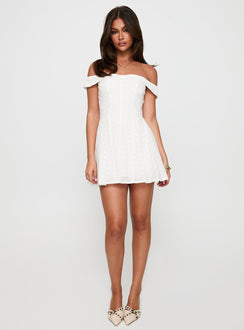 back view of model wearing Princess Polly Rosebud Off The Shoulder Mini Dress White Petite Sweetheart Neckline 