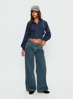 front view of model wearing Princess Polly Shanna Relaxed Low Rise Jeans Acid Raw Wash Mid Rise Jeans 