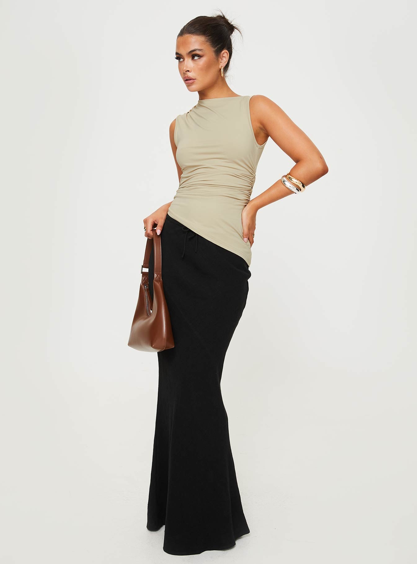 front view of model wearing Princess Polly Jassie Top Beige Sleeveless Asymmetric Neckline 