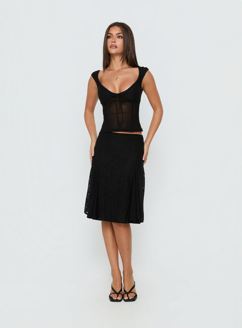 Showcasing the Quani Lace Midi Skirt Black womens-skirts in midi length front view of model wearing Princess Polly