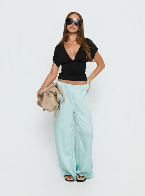 front view of model wearing Princess Polly Salona Satin Straight Leg Pants Jelly Mint Mid Rise Pants 