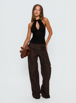 front view of model wearing Princess Polly Seneca Wrap Pant Brown Stripe Mid Rise Pants 
