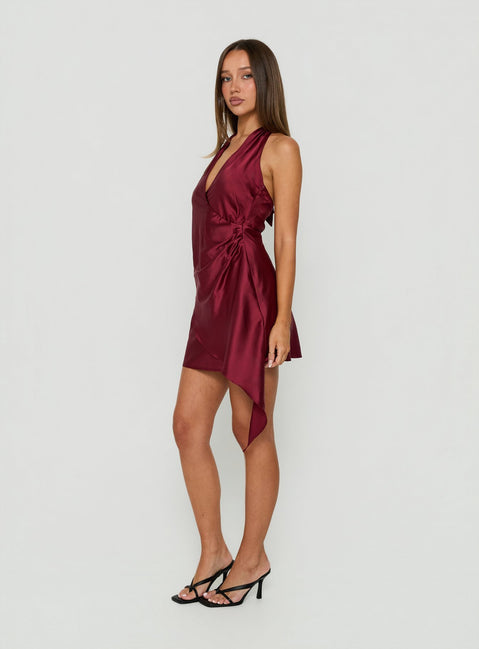Landree Wrap Halter Satin Mini Dress Burgundy