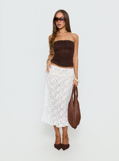   side view of model wearing Princess Polly Toscani Lace Frill Midi Skirt White Midi Skirts 