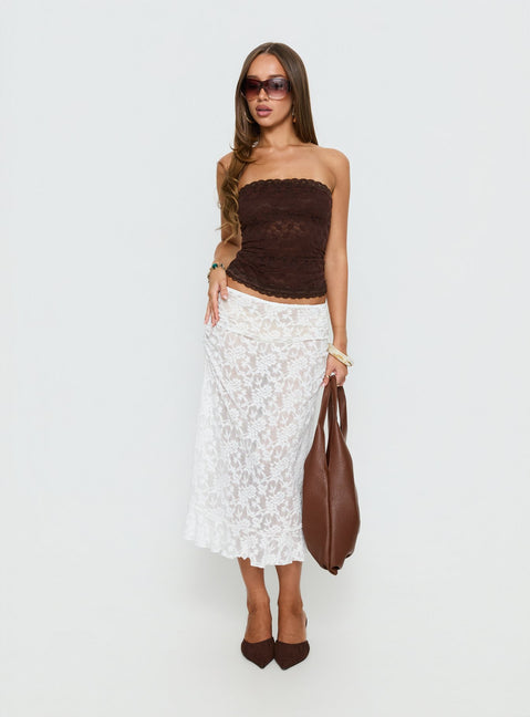   side view of model wearing Princess Polly Toscani Lace Frill Midi Skirt White Midi Skirts 