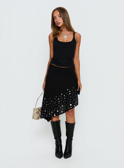   front view of model wearing Princess Polly Jezabela Asymmetrical Stud Midi Skirt Black 