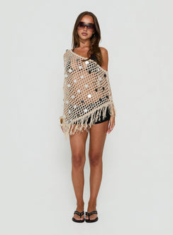 Caija Crochet Embellished Poncho Top Beige