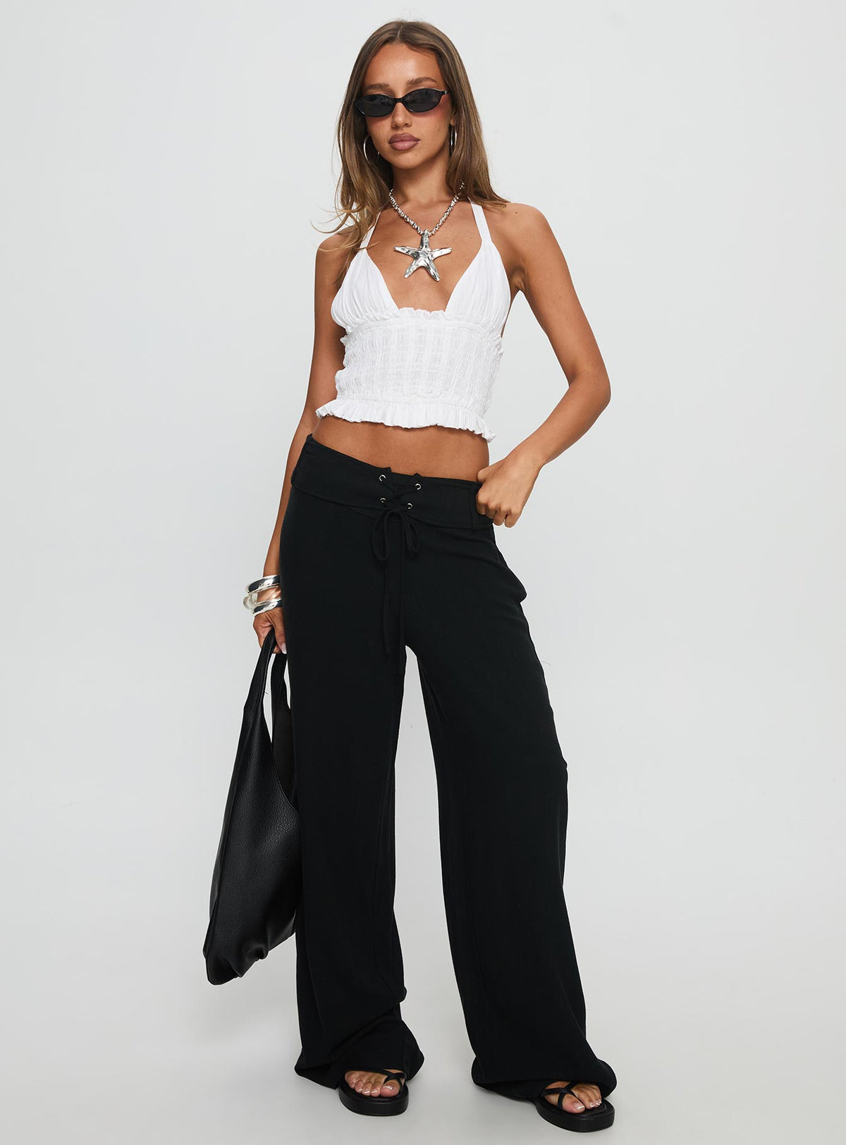 front view of model wearing Princess Polly Raymonde Pants Black High Waisted Pants 