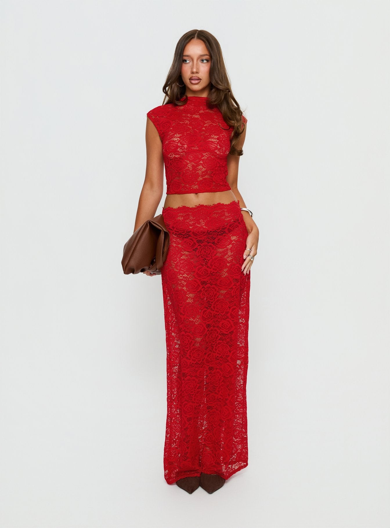   front view of model wearing Princess Polly Vionna Lace Maxi Skirt Red Maxi Skirts 