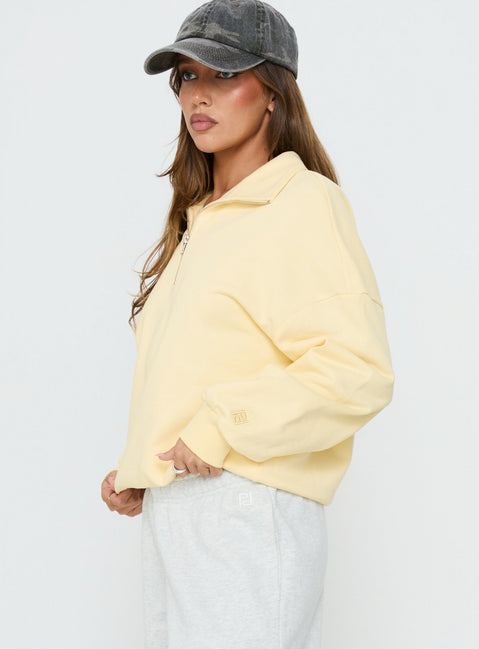 side view of model wearing Princess Polly Rozanna 1/4 Zip Jumper Butter Cropped Jumpers 