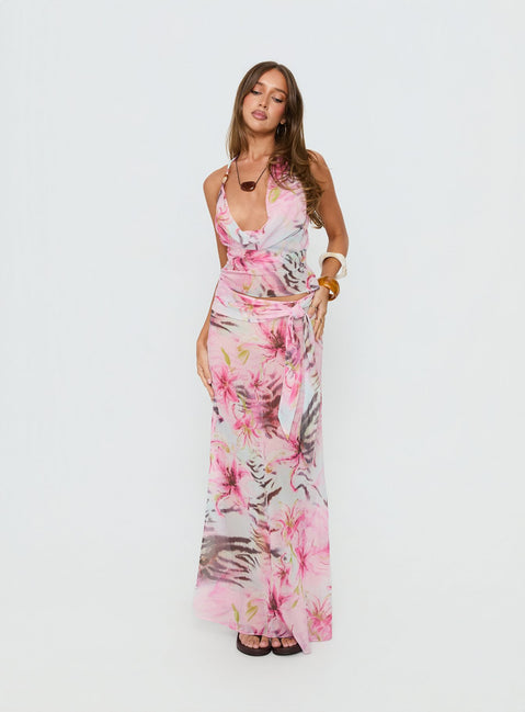   front view of model wearing Princess Polly Karzi Chiffon Maxi Skirt Pink Floral Maxi Skirts 