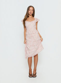   front view of model wearing Princess Polly Avaline Asymmetrical Midi Skirt Pink 