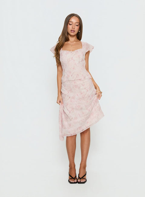   front view of model wearing Princess Polly Avaline Asymmetrical Midi Skirt Pink 