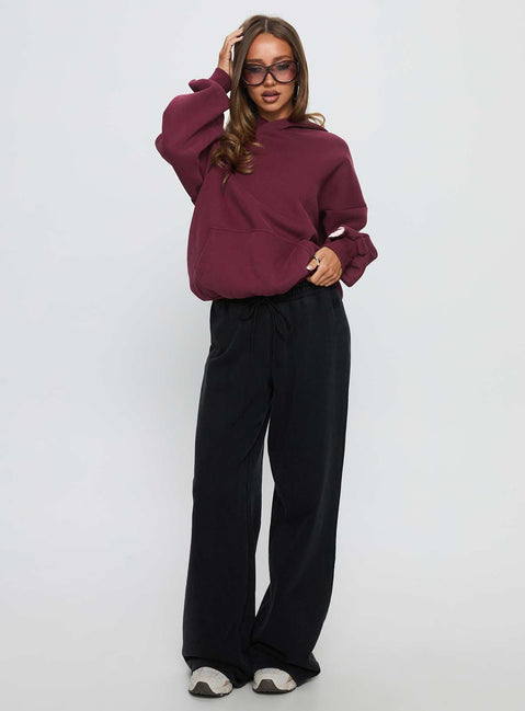 front view of model wearing Princess Polly Kisses Graphic Hoodie Wine Longline Jumpers Jumpers 