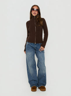 Arletta Cable Knit Zip Through Sweater Brown