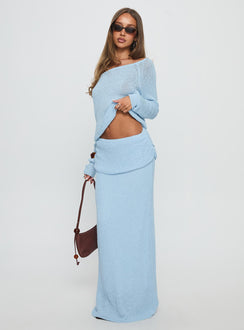 side view of model wearing Princess Polly Ravira Wide Neck Knit Sweater Blue cropped 