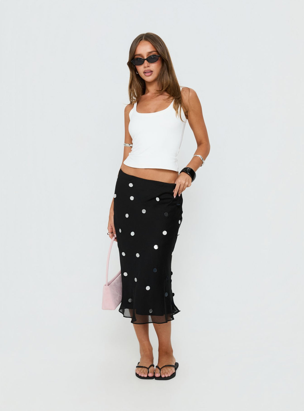   front view of model wearing Princess Polly Kessiah Sequin Midi Skirt Black Midi Skirts 