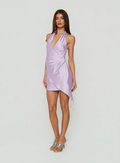 Landree Wrap Halter Satin Mini Dress Lilac