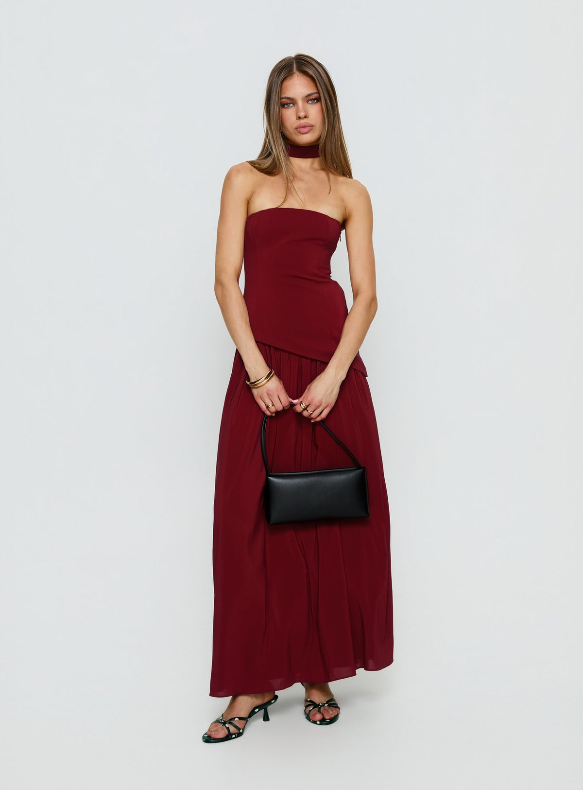 Odela Strapless Scarf Drop Waist Maxi Dress Cherry