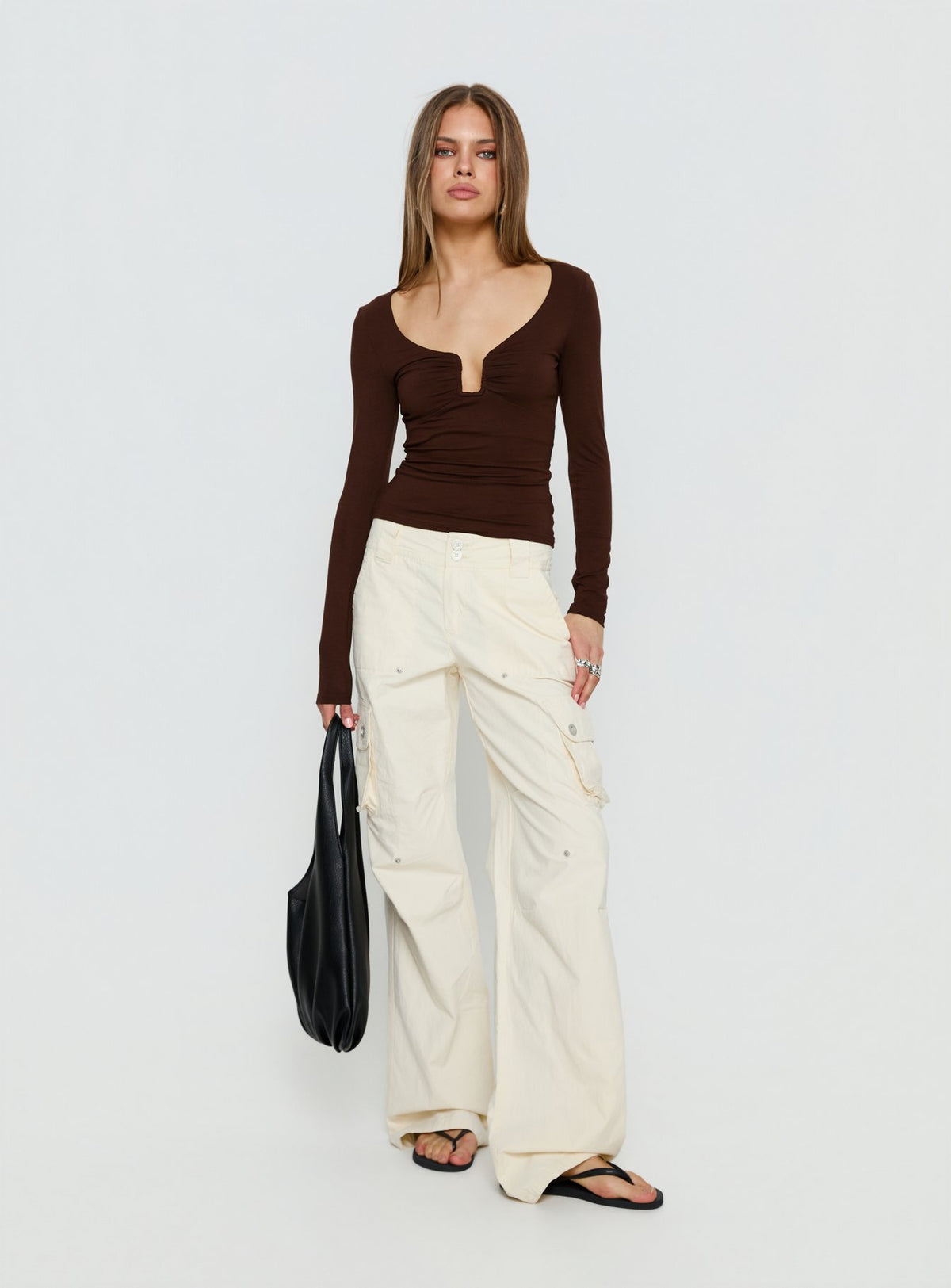 Serelle Long Sleeve Bust Detail Top Chocolate