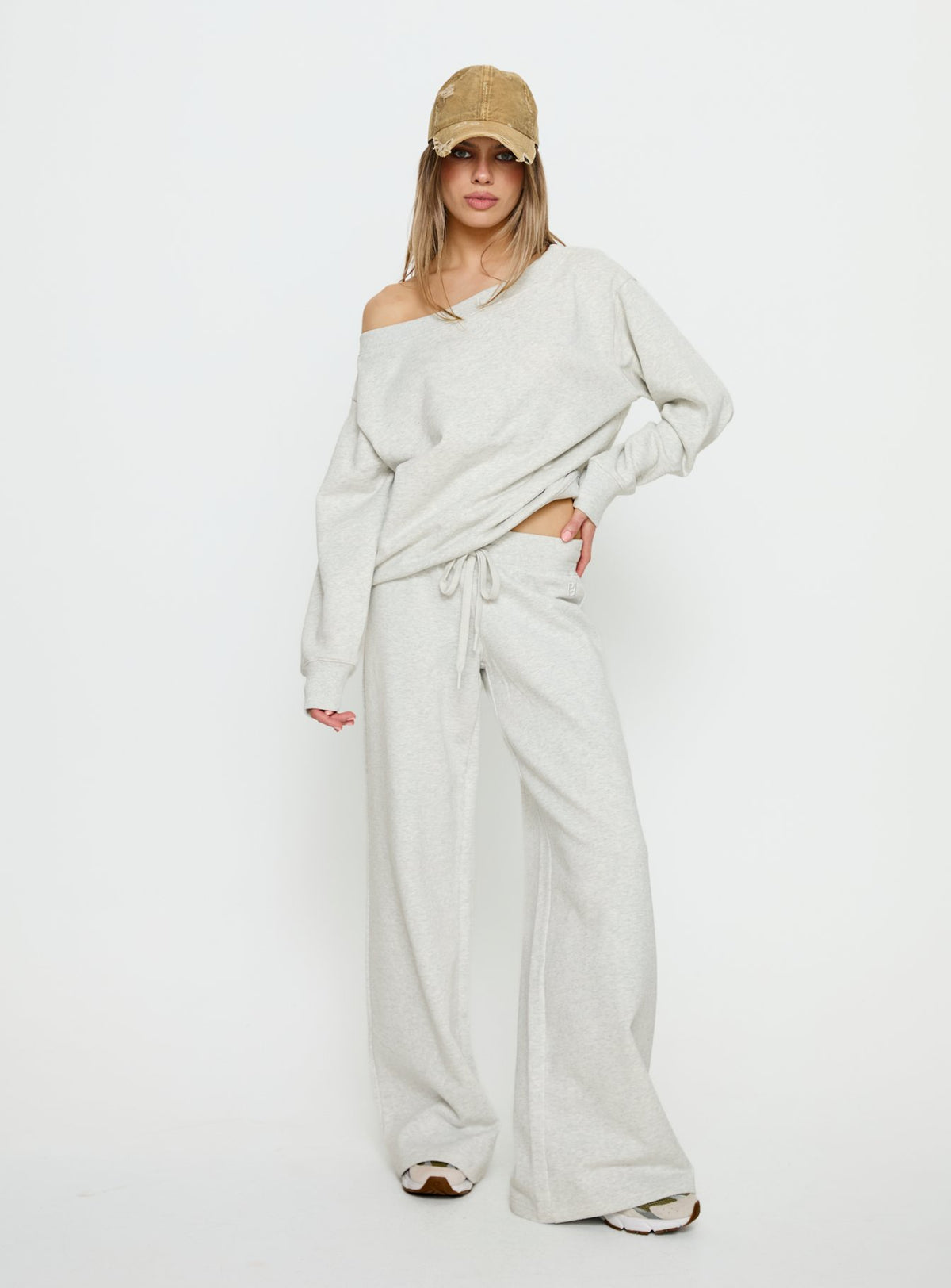 side view of model wearing Princess Polly Wellness Off the Shoulder Jumper Grey Marle 
