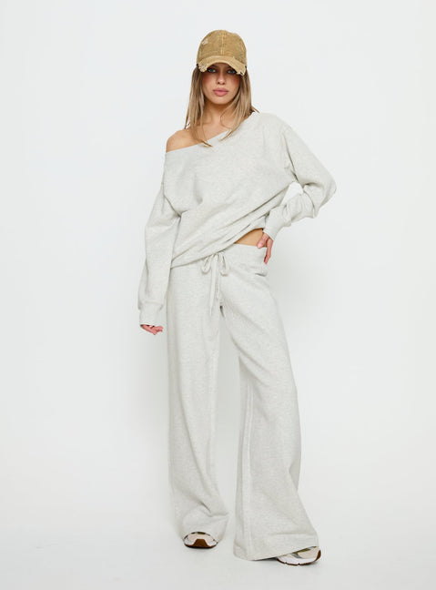 side view of model wearing Princess Polly Wellness Off the Shoulder Jumper Grey Marle 