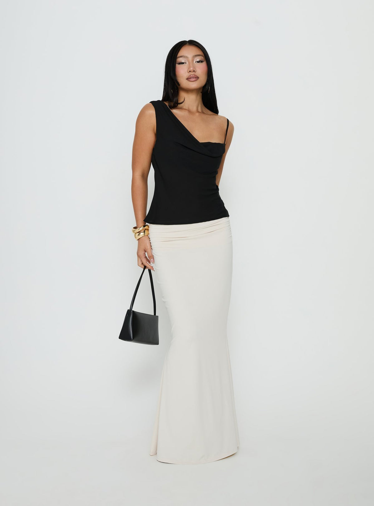 Crafted with the Liorah Foldover Waist Maxi Skirt Cream in womens-skirts featuring maxi length product Princess Polly
