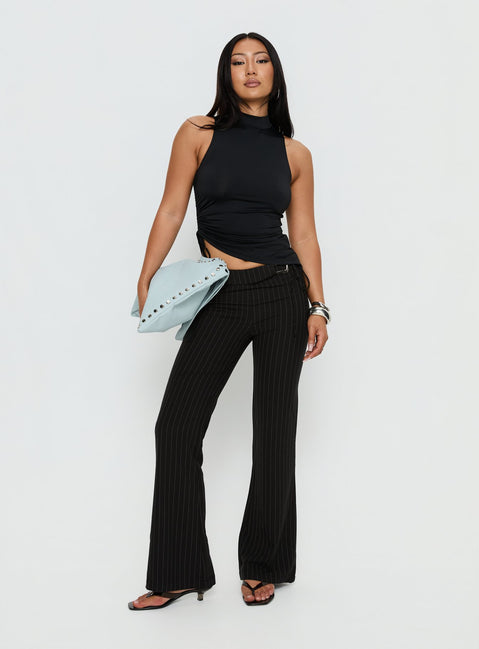 front view of model wearing Princess Polly Louder Please Tie Side Straight Leg Pants Black Pinstripe Mid Rise Pants 
