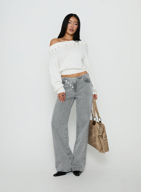 Designed with Pipper Asymmetrical Button Up Jeans Grey Wash in womens-jeans high-rise detail view of model wearing Princess Polly